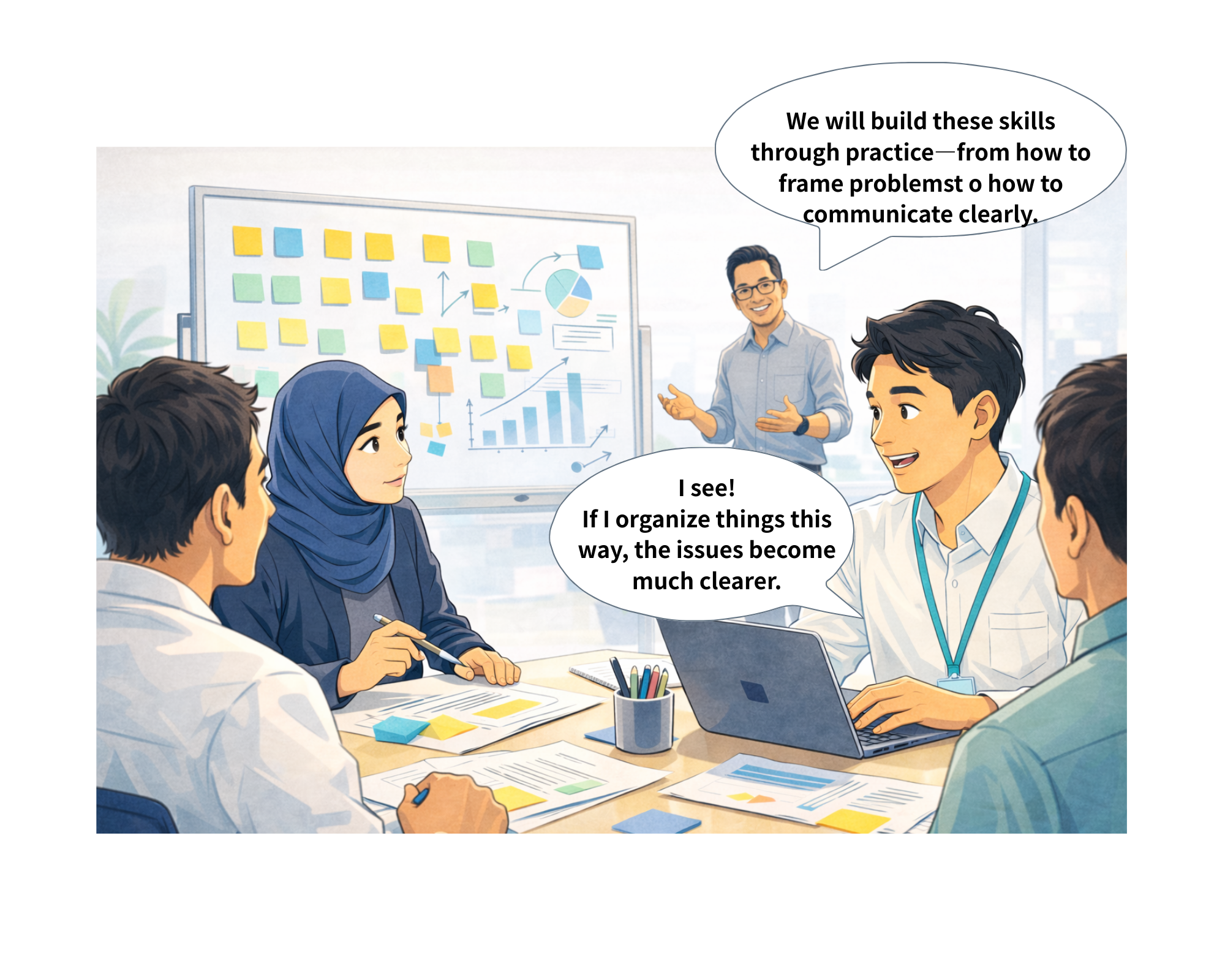 Practical training and peer learning: logical thinking and structured communication to convince and involve others.